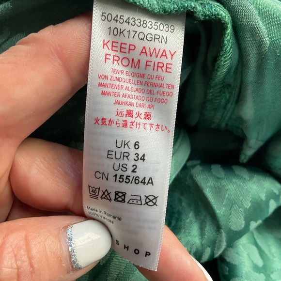 Topshop Green Jacquard Tie Neck Jumpsuit Long Sleeve Size US 2 Elegant - Picture 6 of 12